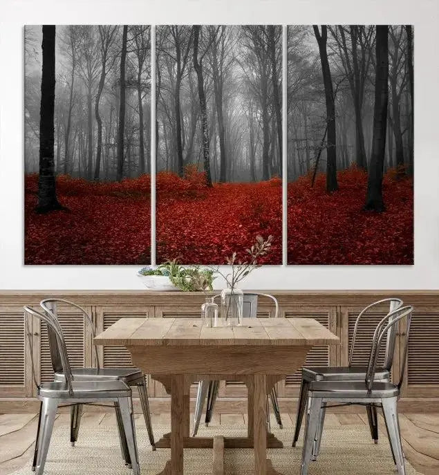 Red Forest Floor Canvas Wall Art – Mystical Foggy Woodland Triptych – Nature-Inspired Decor for Living Room or Bedroom – Ready to Hang