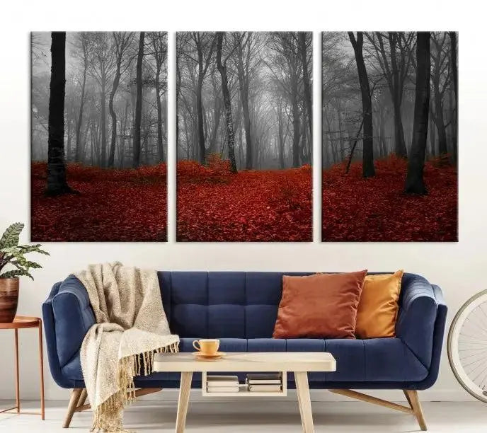 Red Forest Floor Canvas Wall Art – Mystical Foggy Woodland Triptych – Nature-Inspired Decor for Living Room or Bedroom – Ready to Hang