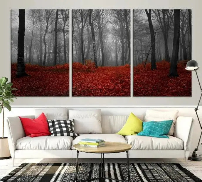 Red Forest Floor Canvas Wall Art – Mystical Foggy Woodland Triptych – Nature-Inspired Decor for Living Room or Bedroom – Ready to Hang