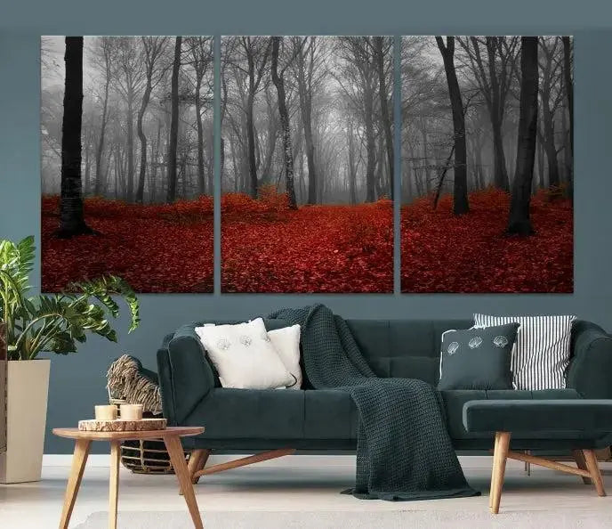 Red Forest Floor Canvas Wall Art – Mystical Foggy Woodland Triptych – Nature-Inspired Decor for Living Room or Bedroom – Ready to Hang