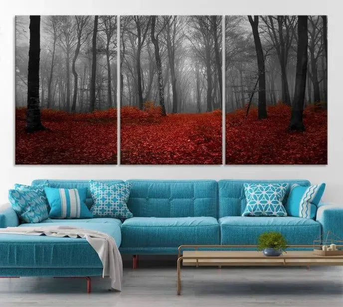 Red Forest Floor Canvas Wall Art – Mystical Foggy Woodland Triptych – Nature-Inspired Decor for Living Room or Bedroom – Ready to Hang