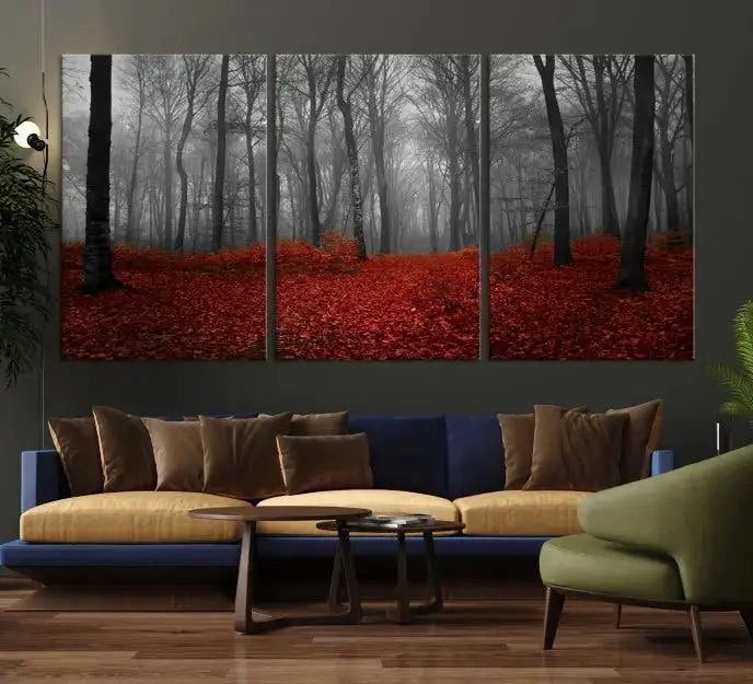 Red Forest Floor Canvas Wall Art – Mystical Foggy Woodland Triptych – Nature-Inspired Decor for Living Room or Bedroom – Ready to Hang