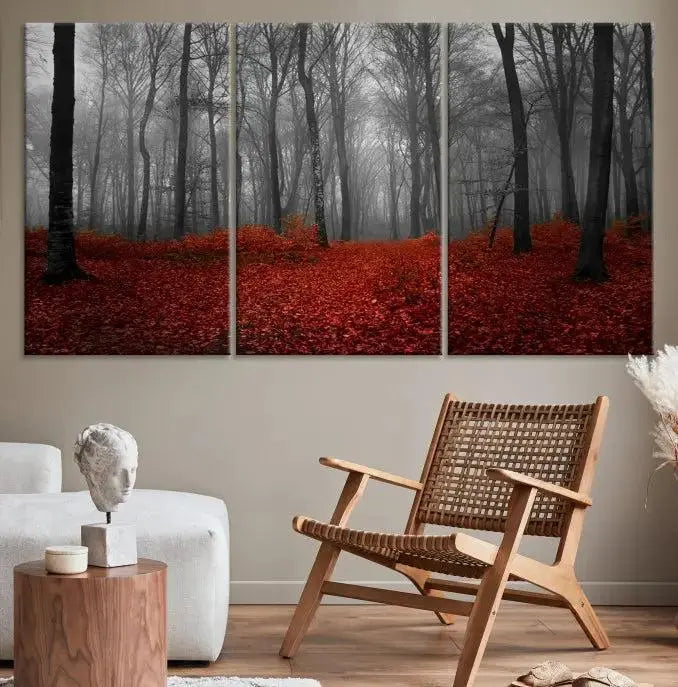 Red Forest Floor Canvas Wall Art – Mystical Foggy Woodland Triptych – Nature-Inspired Decor for Living Room or Bedroom – Ready to Hang