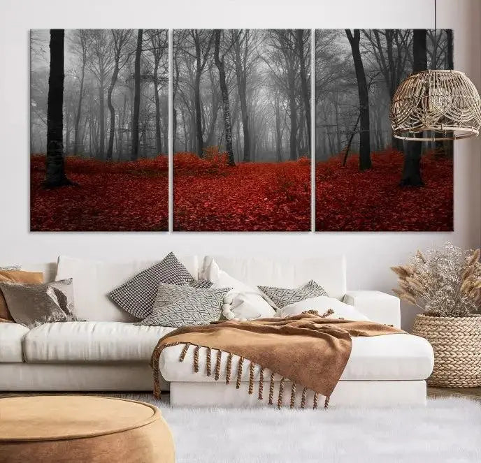 Red Forest Floor Canvas Wall Art – Mystical Foggy Woodland Triptych – Nature-Inspired Decor for Living Room or Bedroom – Ready to Hang