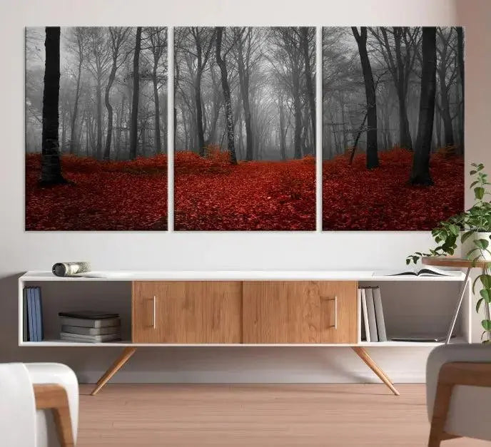 Red Forest Floor Canvas Wall Art – Mystical Foggy Woodland Triptych – Nature-Inspired Decor for Living Room or Bedroom – Ready to Hang