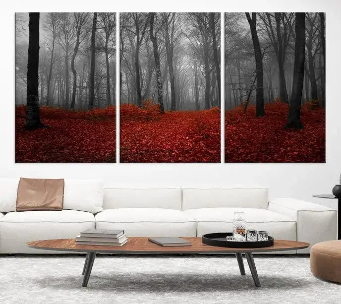 Red Forest Floor Canvas Wall Art – Mystical Foggy Woodland Triptych – Nature-Inspired Decor for Living Room or Bedroom – Ready to Hang