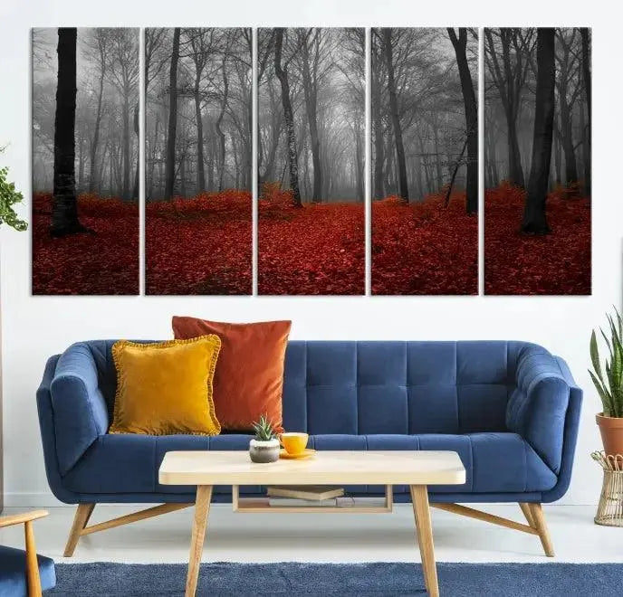 Red Forest Floor Canvas Wall Art – Mystical Foggy Woodland Triptych – Nature-Inspired Decor for Living Room or Bedroom – Ready to Hang