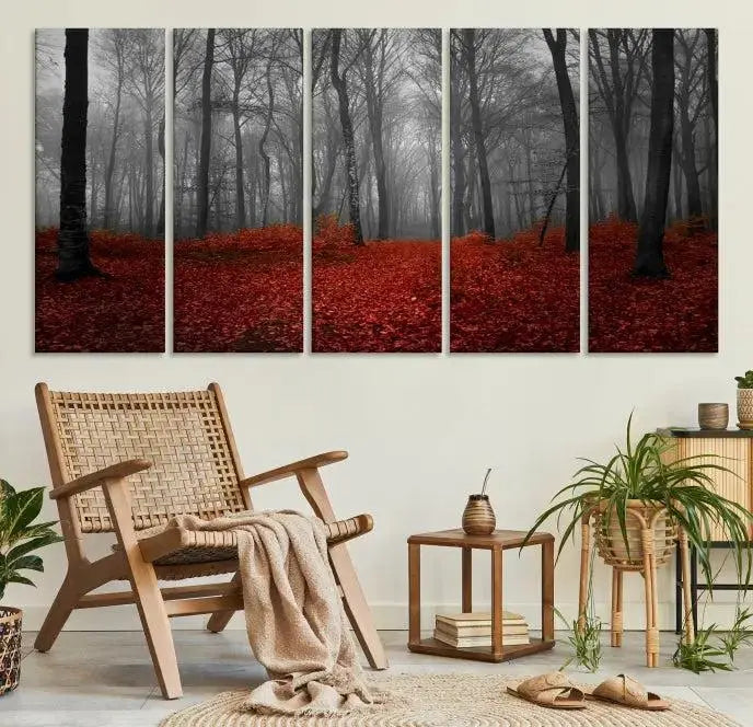 Red Forest Floor Canvas Wall Art – Mystical Foggy Woodland Triptych – Nature-Inspired Decor for Living Room or Bedroom – Ready to Hang
