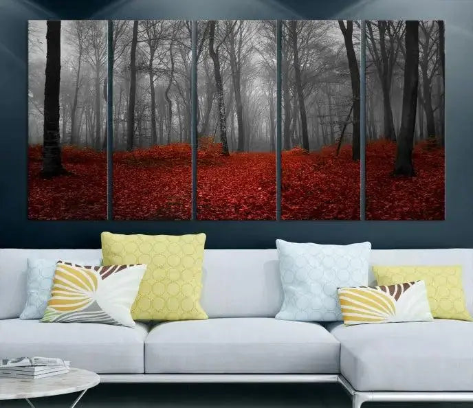 Red Forest Floor Canvas Wall Art – Mystical Foggy Woodland Triptych – Nature-Inspired Decor for Living Room or Bedroom – Ready to Hang
