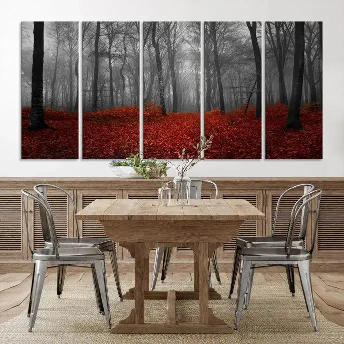 The Red Forest Floor Canvas Wall Art, a mystical foggy woodland triptych, is elegantly displayed on the wall. This nature-inspired decor transforms your space into an enchanting retreat.