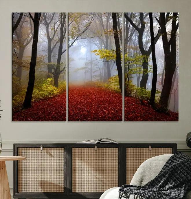 The Red Forest Wall Art Canvas Print is displayed as three panels on museum-quality canvas. The artwork is UV-protective coated and ready to hang.