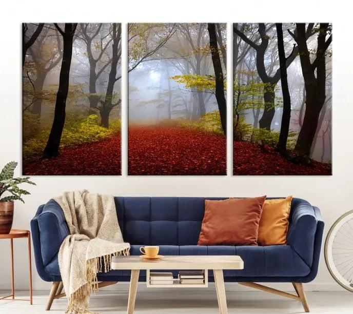 The Red Forest Wall Art Canvas Print is displayed as three panels on museum-quality canvas. The artwork is UV-protective coated and ready to hang.