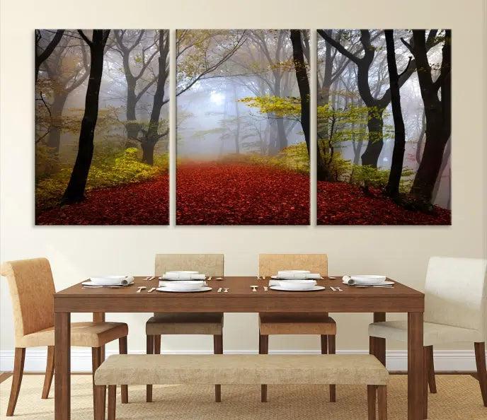 The Red Forest Wall Art Canvas Print is displayed as three panels on museum-quality canvas. The artwork is UV-protective coated and ready to hang.