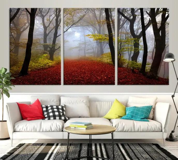 The Red Forest Wall Art Canvas Print is displayed as three panels on museum-quality canvas. The artwork is UV-protective coated and ready to hang.