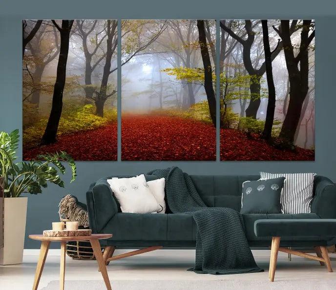 The Red Forest Wall Art Canvas Print is displayed as three panels on museum-quality canvas. The artwork is UV-protective coated and ready to hang.