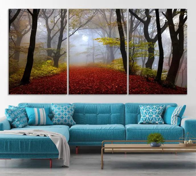 The Red Forest Wall Art Canvas Print is displayed as three panels on museum-quality canvas. The artwork is UV-protective coated and ready to hang.