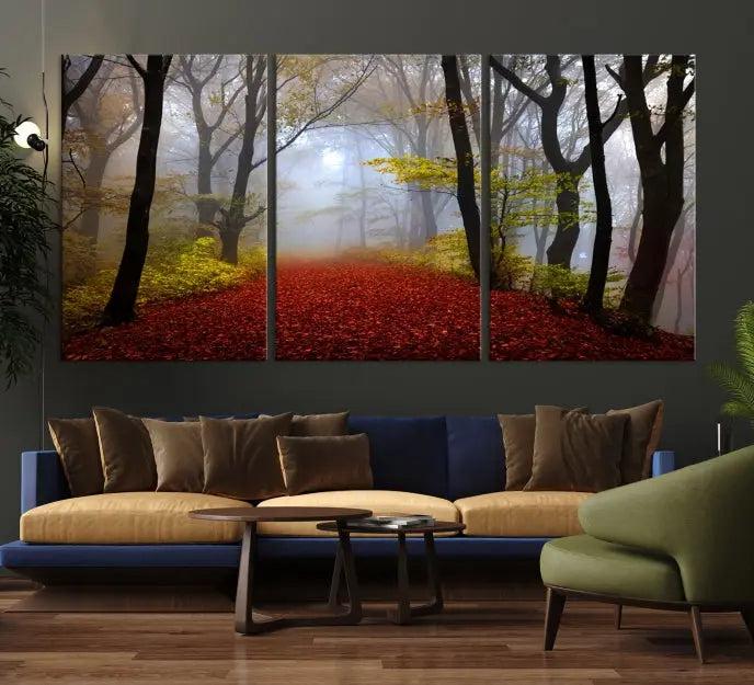 The Red Forest Wall Art Canvas Print is displayed as three panels on museum-quality canvas. The artwork is UV-protective coated and ready to hang.