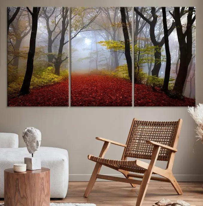 The Red Forest Wall Art Canvas Print is displayed as three panels on museum-quality canvas. The artwork is UV-protective coated and ready to hang.