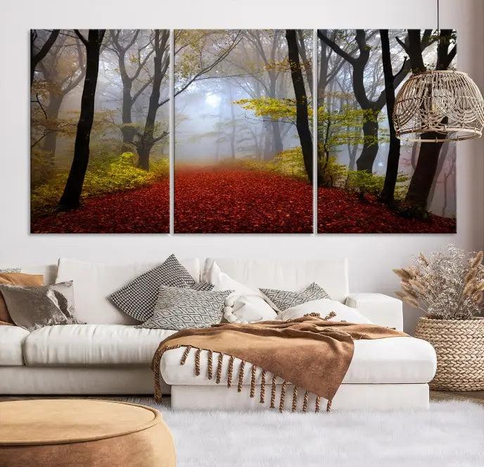 The Red Forest Wall Art Canvas Print is displayed as three panels on museum-quality canvas. The artwork is UV-protective coated and ready to hang.