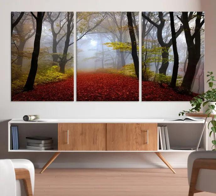 The Red Forest Wall Art Canvas Print is displayed as three panels on museum-quality canvas. The artwork is UV-protective coated and ready to hang.