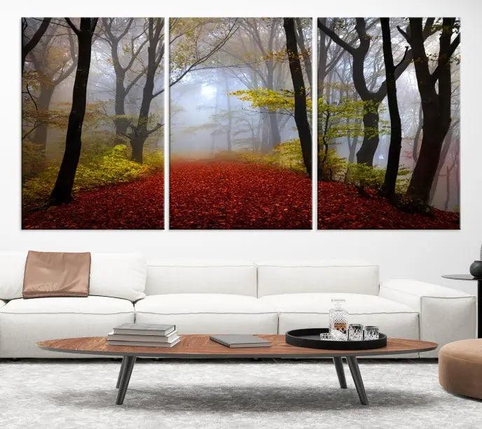 The Red Forest Wall Art Canvas Print is displayed as three panels on museum-quality canvas. The artwork is UV-protective coated and ready to hang.