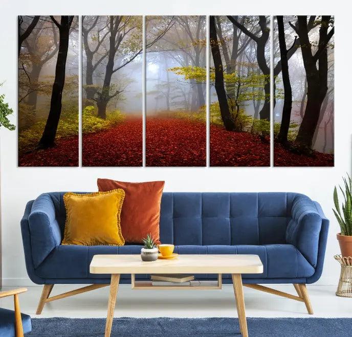 The Red Forest Wall Art Canvas Print is displayed as three panels on museum-quality canvas. The artwork is UV-protective coated and ready to hang.