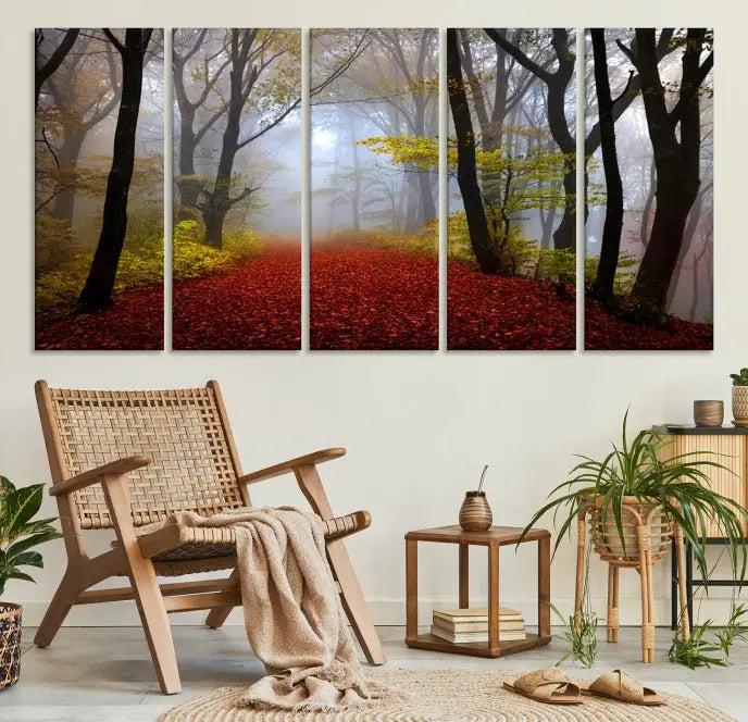 The Red Forest Wall Art Canvas Print is displayed as three panels on museum-quality canvas. The artwork is UV-protective coated and ready to hang.