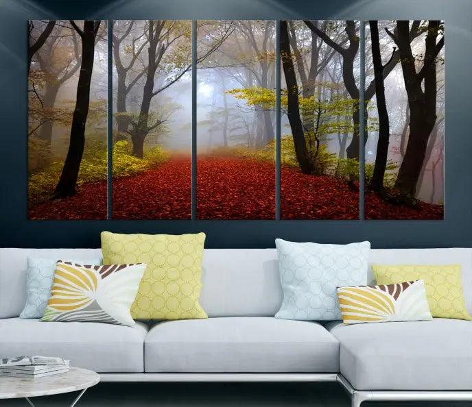 The Red Forest Wall Art Canvas Print is displayed as three panels on museum-quality canvas. The artwork is UV-protective coated and ready to hang.