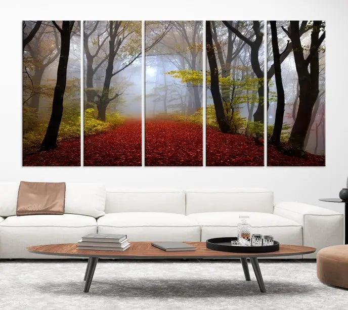 The Red Forest Wall Art Canvas Print is displayed as three panels on museum-quality canvas. The artwork is UV-protective coated and ready to hang.