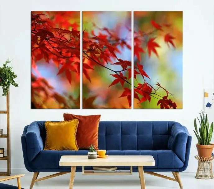 On the wall is the Red Leaves Autumn Forest Wall Art Canvas Print, a triptych with museum-quality canvas and UV-protective coating, ready to hang and enhance the space with its captivating allure.