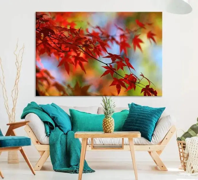 On the wall is the Red Leaves Autumn Forest Wall Art Canvas Print, a triptych with museum-quality canvas and UV-protective coating, ready to hang and enhance the space with its captivating allure.