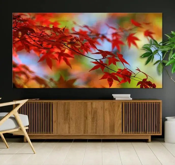 On the wall is the Red Leaves Autumn Forest Wall Art Canvas Print, a triptych with museum-quality canvas and UV-protective coating, ready to hang and enhance the space with its captivating allure.