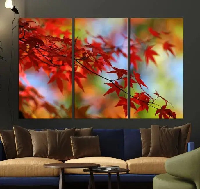 On the wall is the Red Leaves Autumn Forest Wall Art Canvas Print, a triptych with museum-quality canvas and UV-protective coating, ready to hang and enhance the space with its captivating allure.