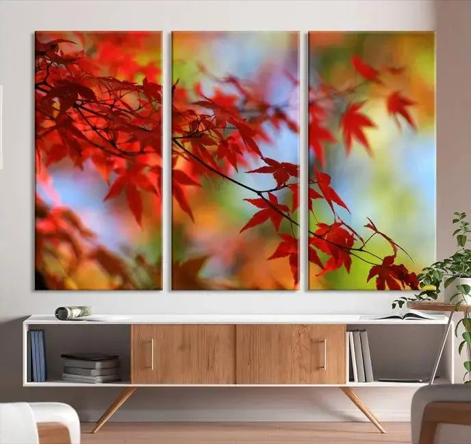 On the wall is the Red Leaves Autumn Forest Wall Art Canvas Print, a triptych with museum-quality canvas and UV-protective coating, ready to hang and enhance the space with its captivating allure.