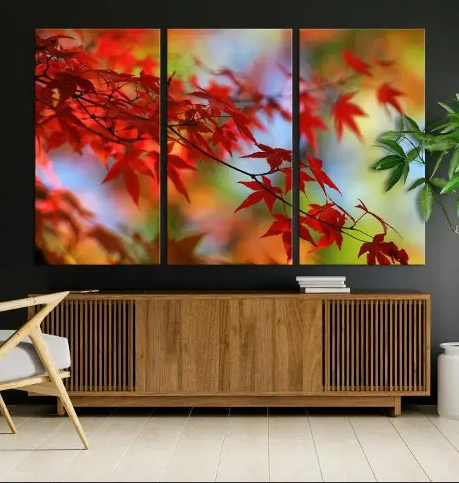 On the wall is the Red Leaves Autumn Forest Wall Art Canvas Print, a triptych with museum-quality canvas and UV-protective coating, ready to hang and enhance the space with its captivating allure.