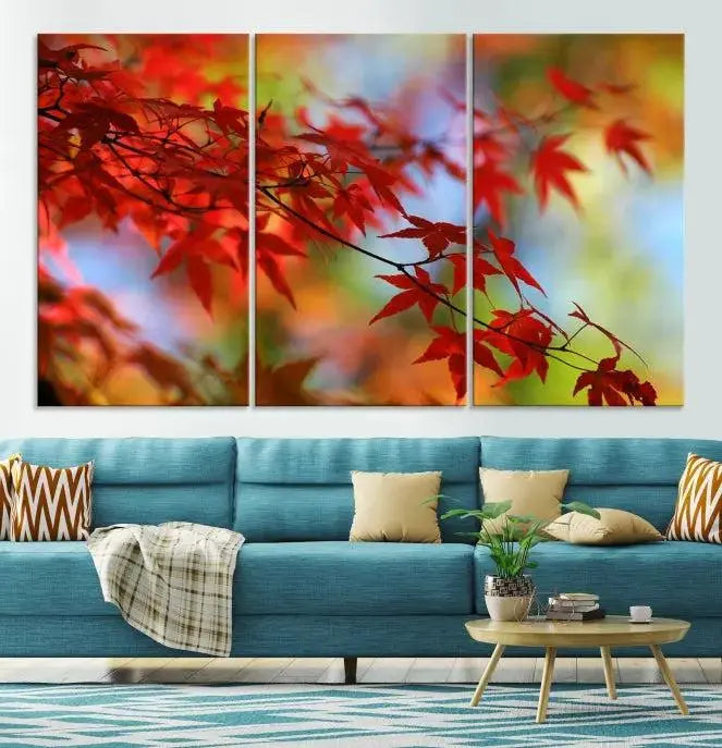 On the wall is the Red Leaves Autumn Forest Wall Art Canvas Print, a triptych with museum-quality canvas and UV-protective coating, ready to hang and enhance the space with its captivating allure.