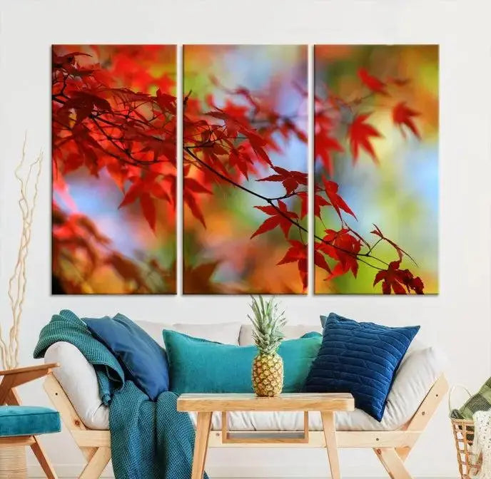 On the wall is the Red Leaves Autumn Forest Wall Art Canvas Print, a triptych with museum-quality canvas and UV-protective coating, ready to hang and enhance the space with its captivating allure.