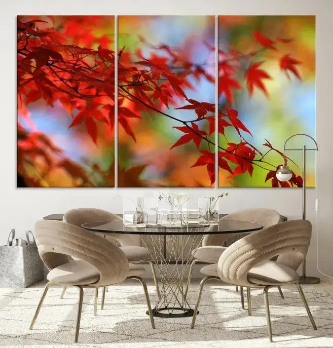 On the wall is the Red Leaves Autumn Forest Wall Art Canvas Print, a triptych with museum-quality canvas and UV-protective coating, ready to hang and enhance the space with its captivating allure.