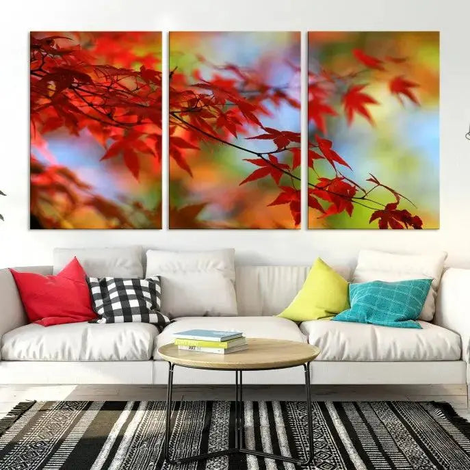 On the wall is the Red Leaves Autumn Forest Wall Art Canvas Print, a triptych with museum-quality canvas and UV-protective coating, ready to hang and enhance the space with its captivating allure.