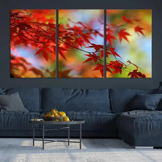 On the wall is the Red Leaves Autumn Forest Wall Art Canvas Print, a triptych with museum-quality canvas and UV-protective coating, ready to hang and enhance the space with its captivating allure.