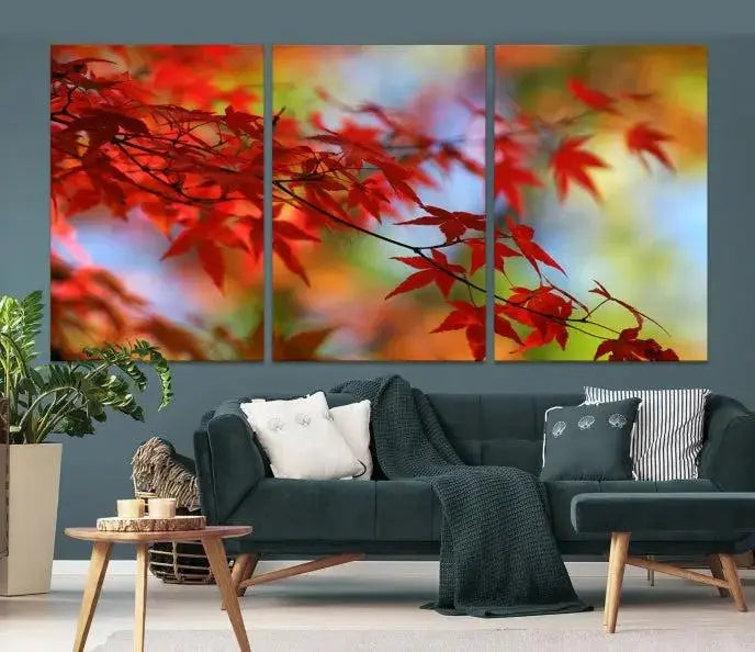 On the wall is the Red Leaves Autumn Forest Wall Art Canvas Print, a triptych with museum-quality canvas and UV-protective coating, ready to hang and enhance the space with its captivating allure.