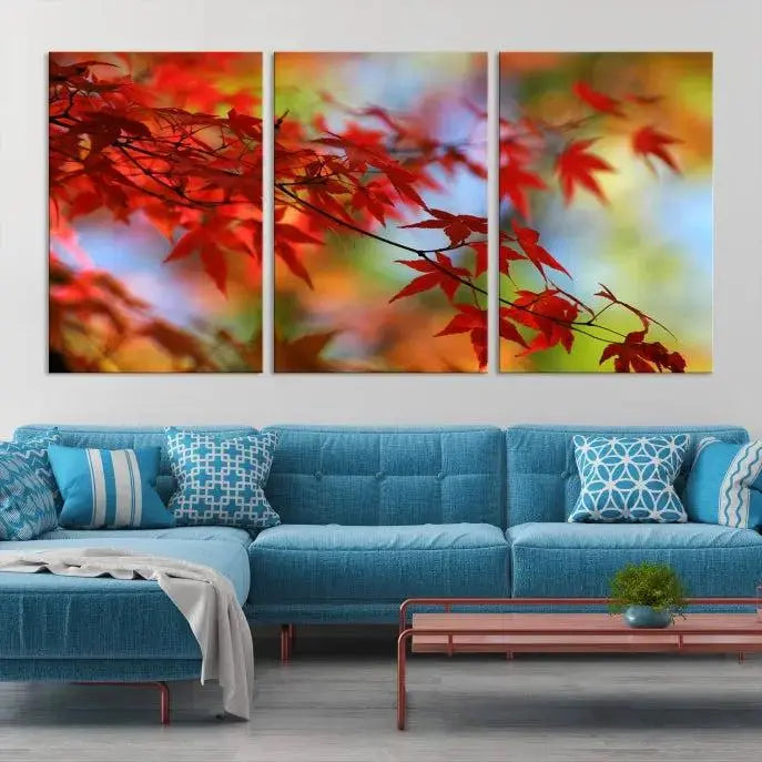 On the wall is the Red Leaves Autumn Forest Wall Art Canvas Print, a triptych with museum-quality canvas and UV-protective coating, ready to hang and enhance the space with its captivating allure.