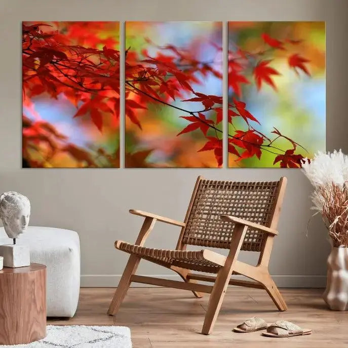 On the wall is the Red Leaves Autumn Forest Wall Art Canvas Print, a triptych with museum-quality canvas and UV-protective coating, ready to hang and enhance the space with its captivating allure.