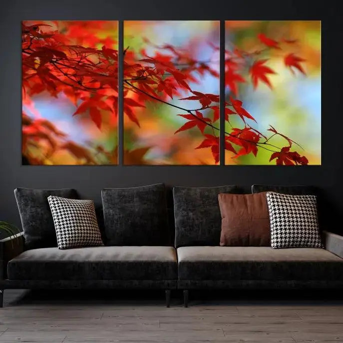 On the wall is the Red Leaves Autumn Forest Wall Art Canvas Print, a triptych with museum-quality canvas and UV-protective coating, ready to hang and enhance the space with its captivating allure.