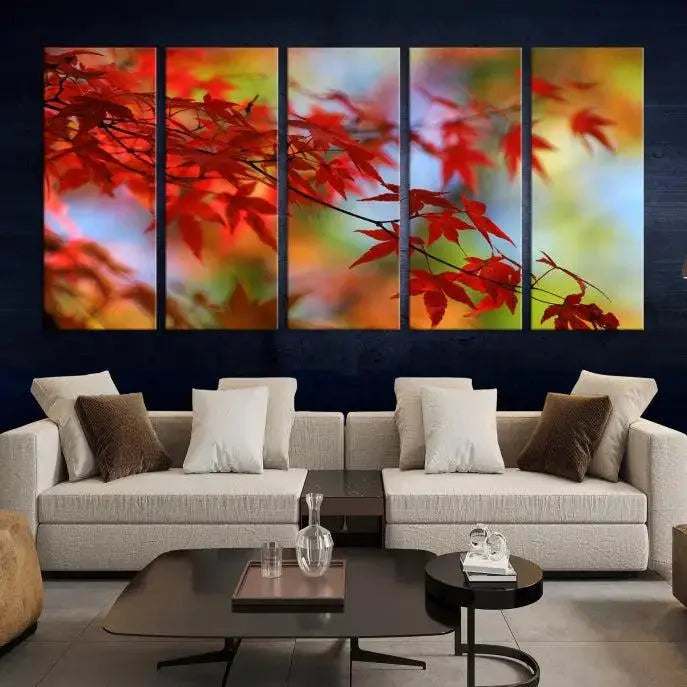 On the wall is the Red Leaves Autumn Forest Wall Art Canvas Print, a triptych with museum-quality canvas and UV-protective coating, ready to hang and enhance the space with its captivating allure.