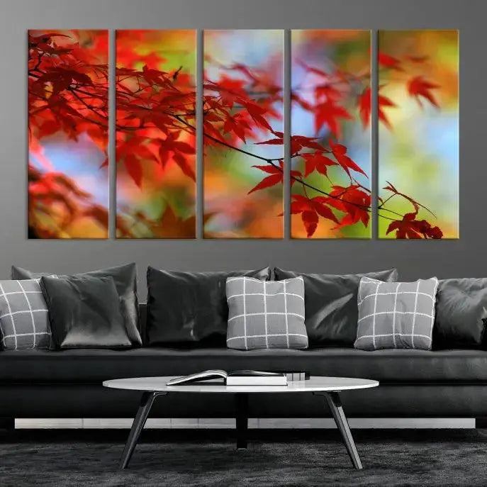 On the wall is the Red Leaves Autumn Forest Wall Art Canvas Print, a triptych with museum-quality canvas and UV-protective coating, ready to hang and enhance the space with its captivating allure.