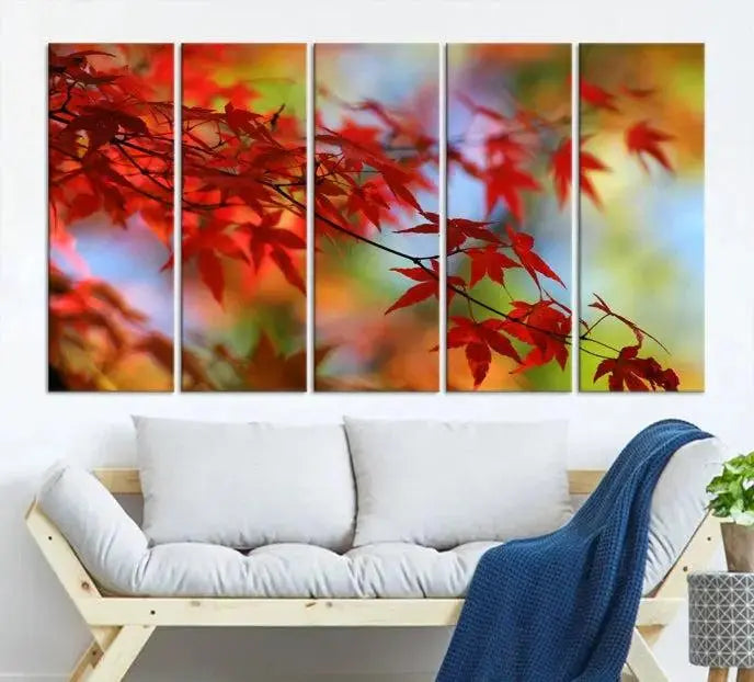 On the wall is the Red Leaves Autumn Forest Wall Art Canvas Print, a triptych with museum-quality canvas and UV-protective coating, ready to hang and enhance the space with its captivating allure.