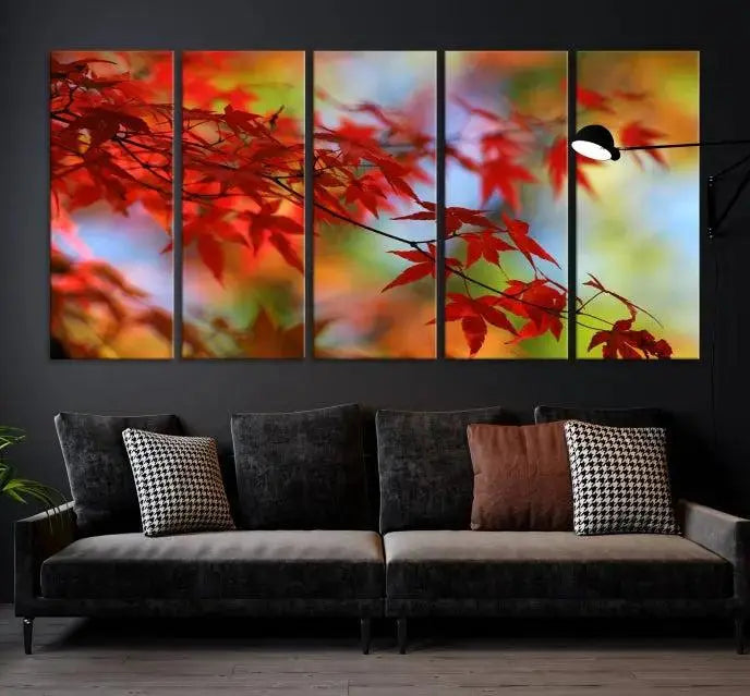 On the wall is the Red Leaves Autumn Forest Wall Art Canvas Print, a triptych with museum-quality canvas and UV-protective coating, ready to hang and enhance the space with its captivating allure.