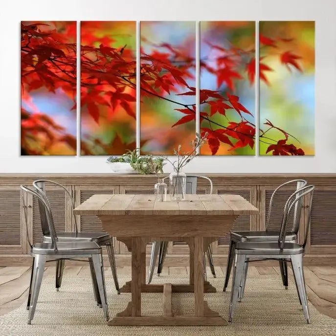 On the wall is the Red Leaves Autumn Forest Wall Art Canvas Print, a triptych with museum-quality canvas and UV-protective coating, ready to hang and enhance the space with its captivating allure.