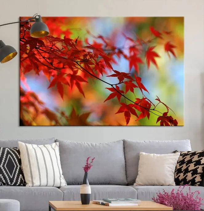 On the wall is the Red Leaves Autumn Forest Wall Art Canvas Print, a triptych with museum-quality canvas and UV-protective coating, ready to hang and enhance the space with its captivating allure.